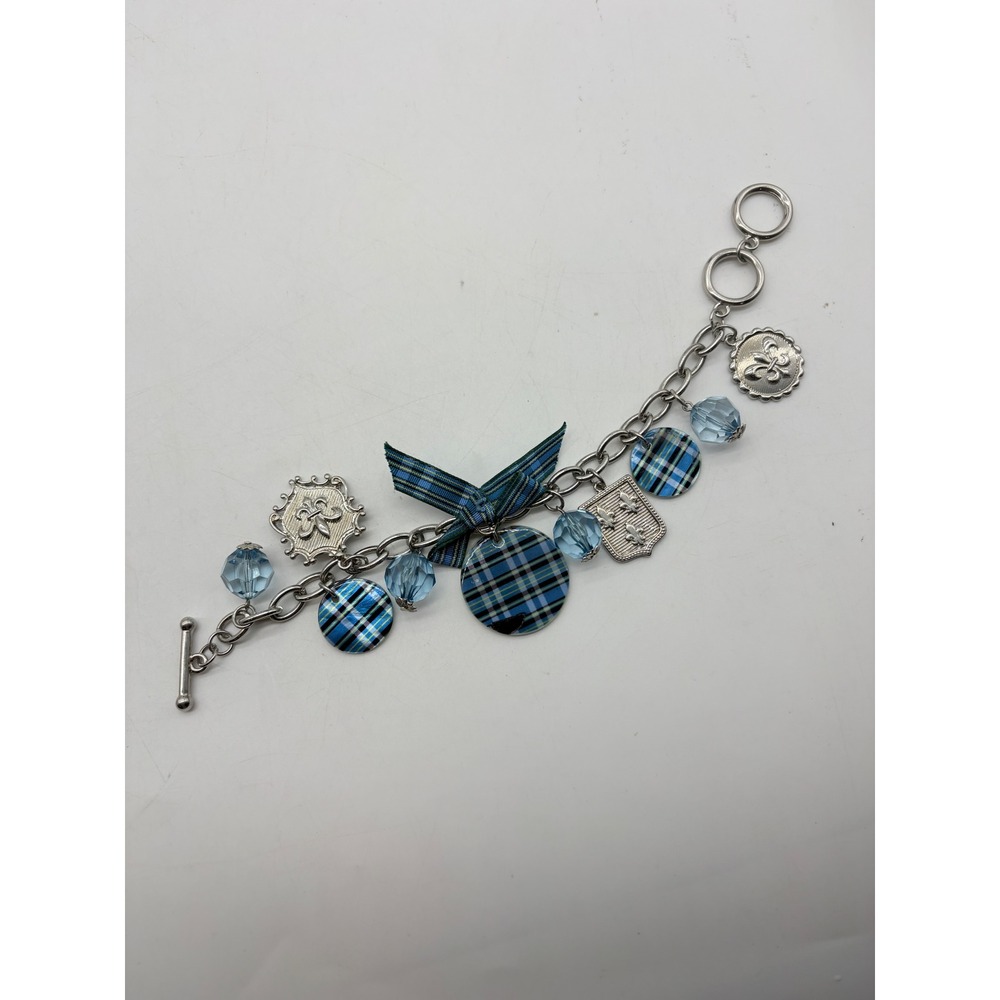 Blue Plaid Fleur De Lis Charm Bracelet Silver Tone Toggle Clasp‎ Glass Bead Bow